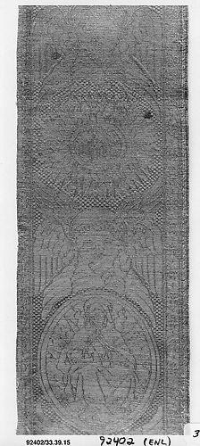 Orphrey woven with figurative design of Seraphim with IHS Christogram in glory, and God the Father holding the Dead Christ