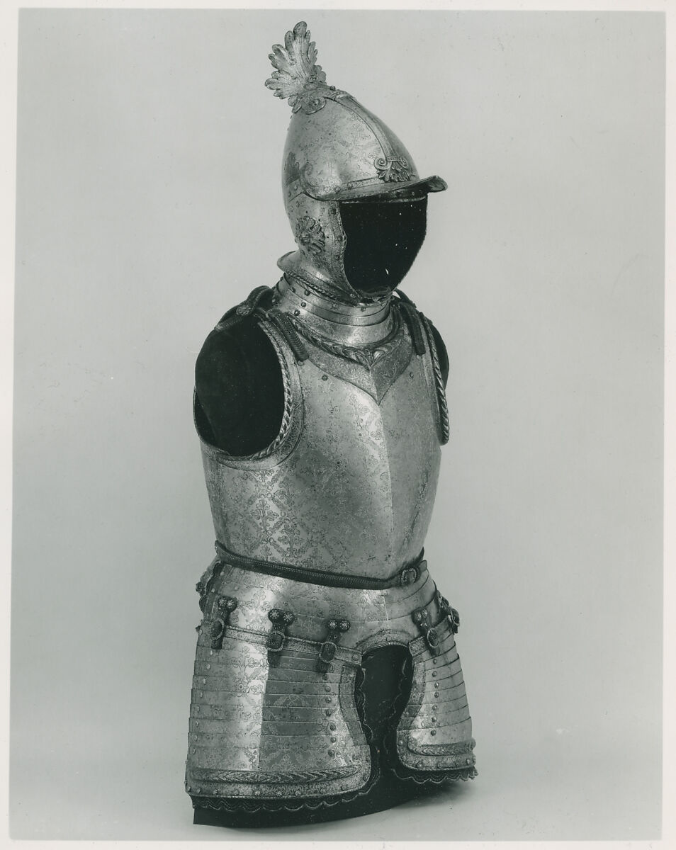 Armor of Giovanni Battista Bourbon del Monte (1541–1614), Steel, gold, textile, leather, Italian, possibly Brescia 