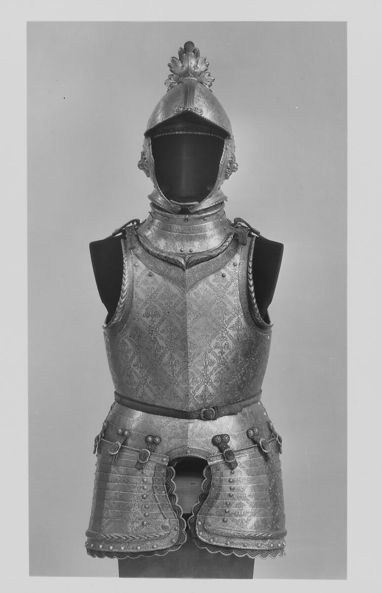 Armor of Giovanni Battista Bourbon del Monte (1541–1614), Steel, gold, textile, leather, Italian, possibly Brescia