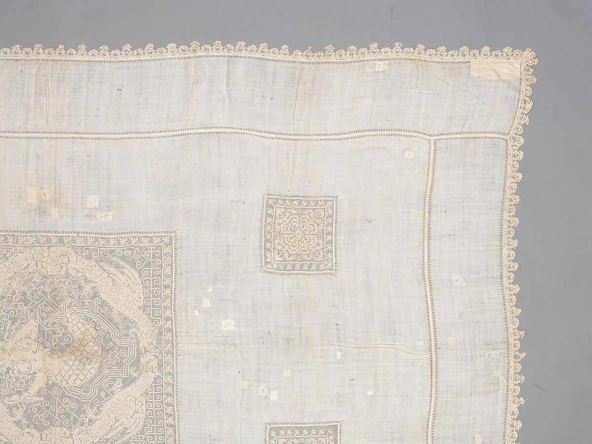 Table cover, Linen, embroidered net, Italian, possibly Sicily