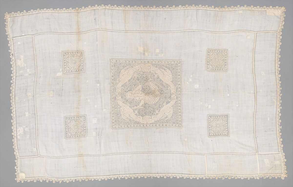 Table cover, Linen, embroidered net, Italian, possibly Sicily 