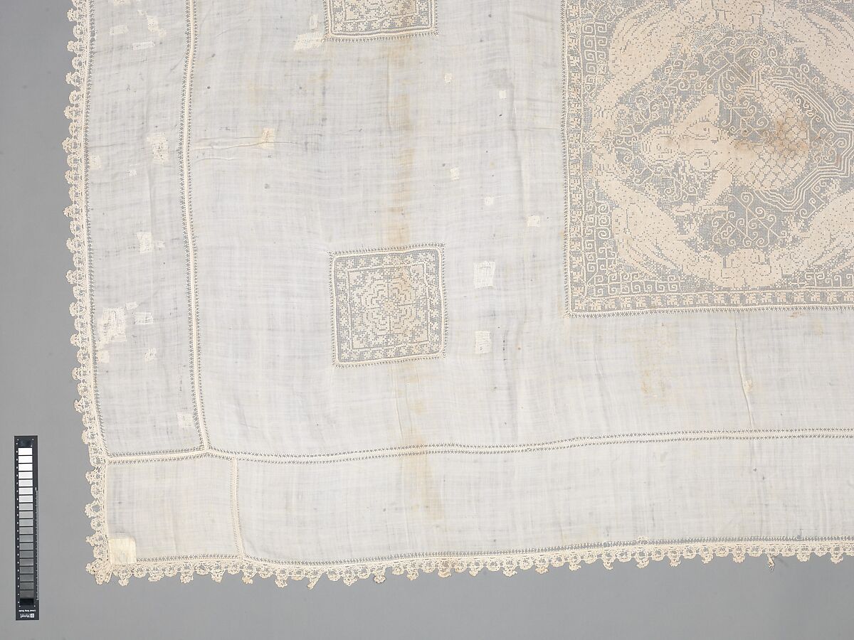 Table cover, Linen, embroidered net, Italian, possibly Sicily