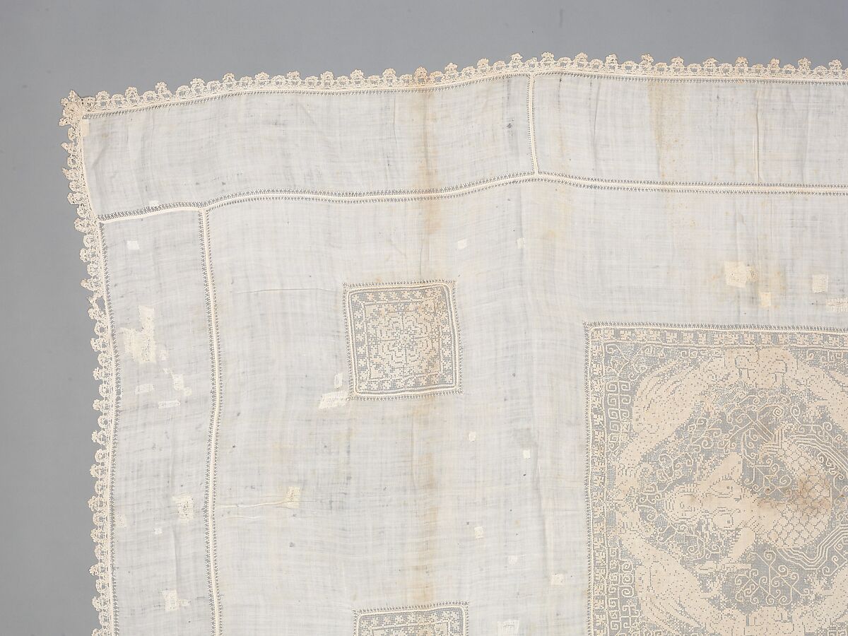 Table cover, Linen, embroidered net, Italian, possibly Sicily