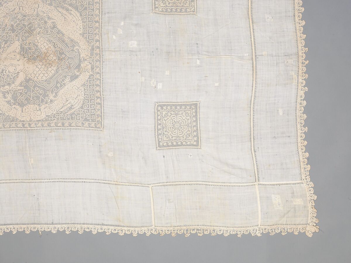 Table cover, Linen, embroidered net, Italian, possibly Sicily