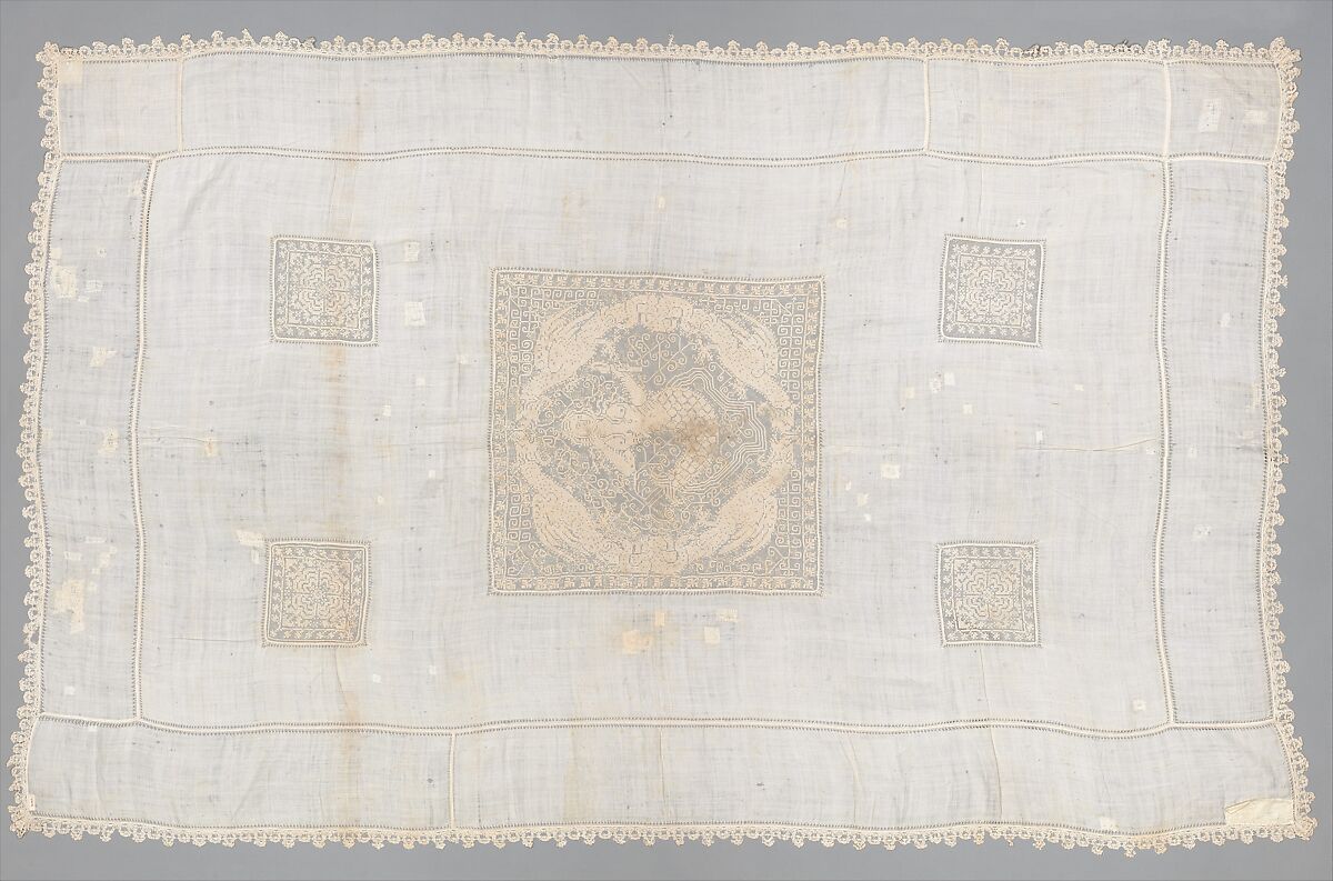 Table cover, Linen, embroidered net, Italian, possibly Sicily