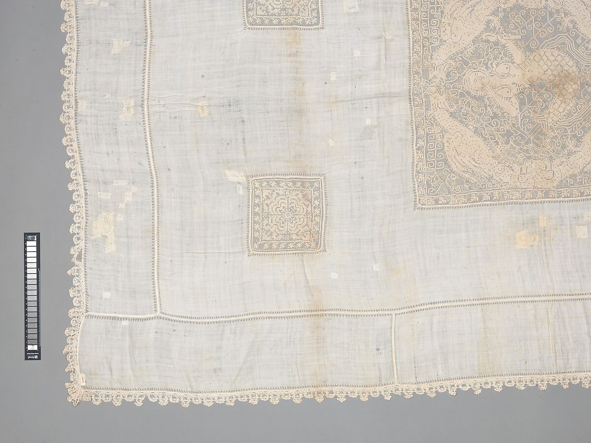 Table cover, Linen, embroidered net, Italian, possibly Sicily