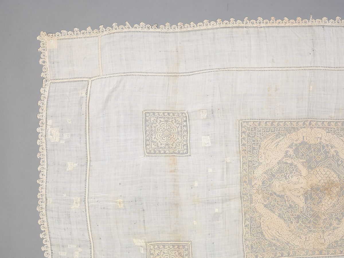Table cover, Linen, embroidered net, Italian, possibly Sicily