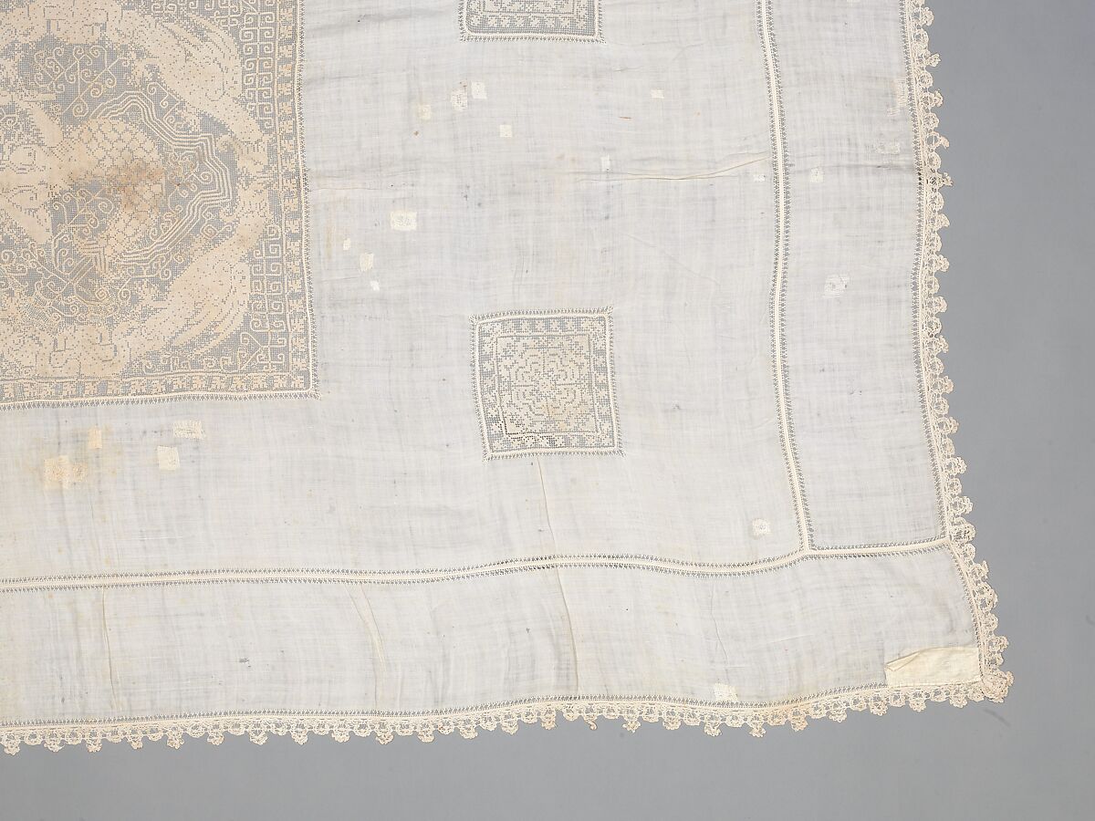 Table cover, Linen, embroidered net, Italian, possibly Sicily