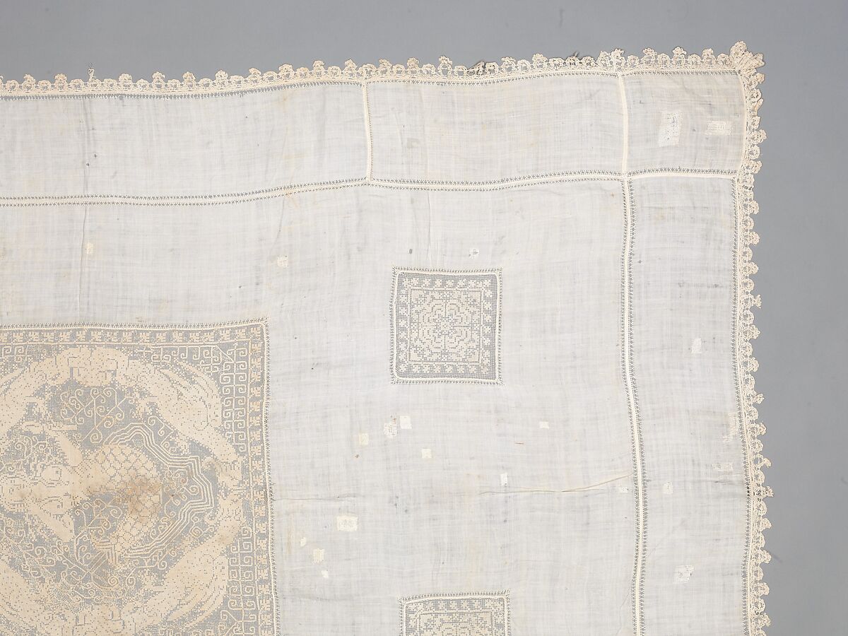 Table cover, Linen, embroidered net, Italian, possibly Sicily