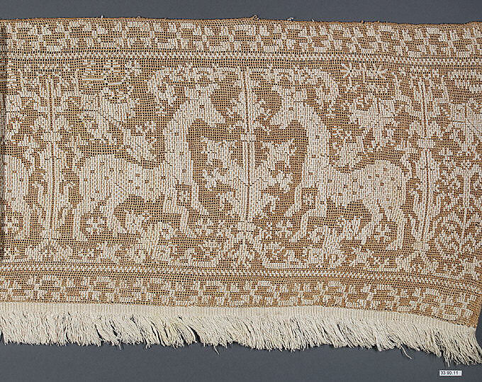 Border, Embroidered net, buratto, punto à rammendo, Italian, possibly Sardinia 