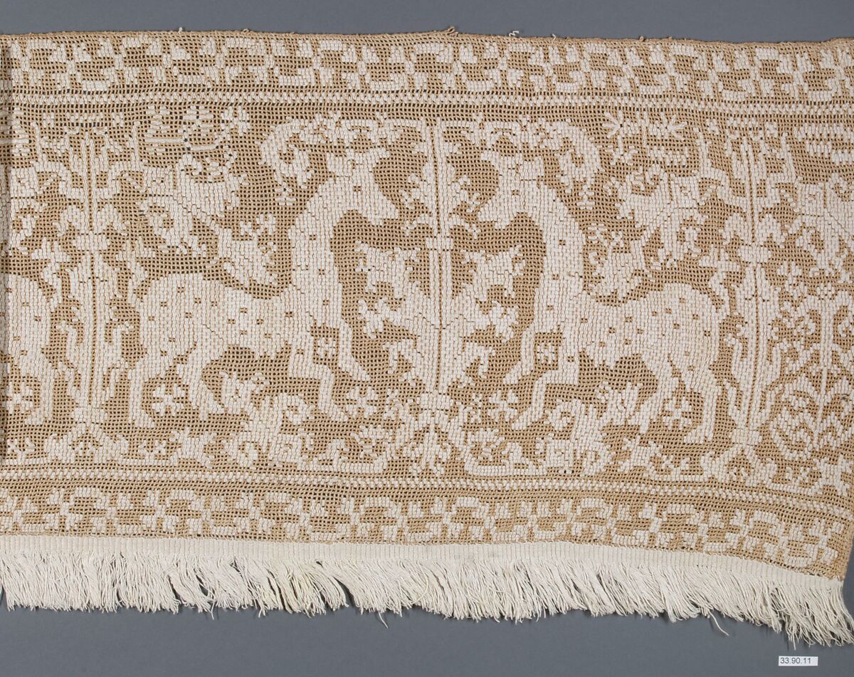 Border, Embroidered net, buratto, punto à rammendo, Italian, possibly Sardinia
