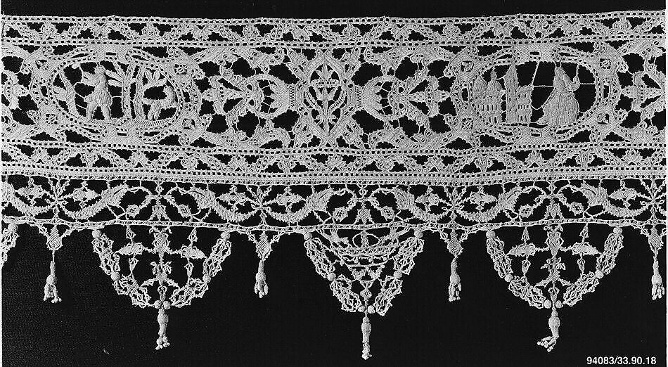 Border, Cutwork,punto in aria, embroidery, macramé, linen, Italian 