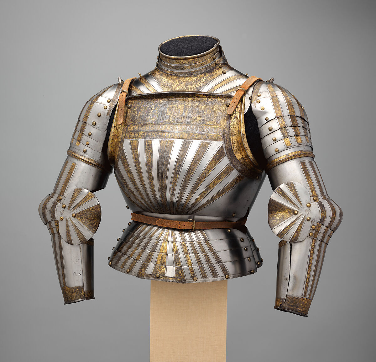 Elements of an Italian Light-Cavalry Armor <i>alla Tedesca</i> (in the German Fashion), Steel, gold, copper alloy, leather, Italian, Milan 