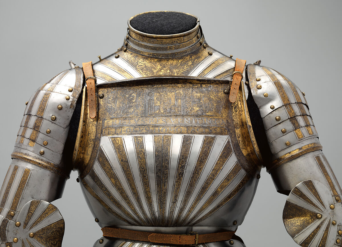 Elements of an Italian Light-Cavalry Armor <i>alla Tedesca</i> (in the German Fashion), Steel, gold, copper alloy, leather, Italian, Milan