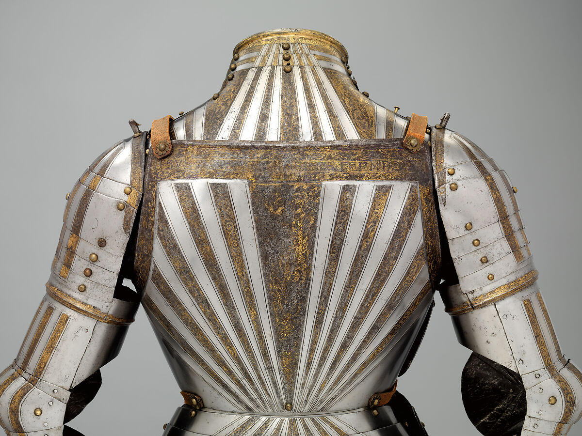 Elements of an Italian Light-Cavalry Armor <i>alla Tedesca</i> (in the German Fashion), Steel, gold, copper alloy, leather, Italian, Milan