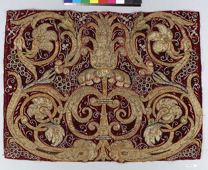 Golden tendrils against a red ground, Silk and metal-wrapped thread on velvet, Italian or Spanish 