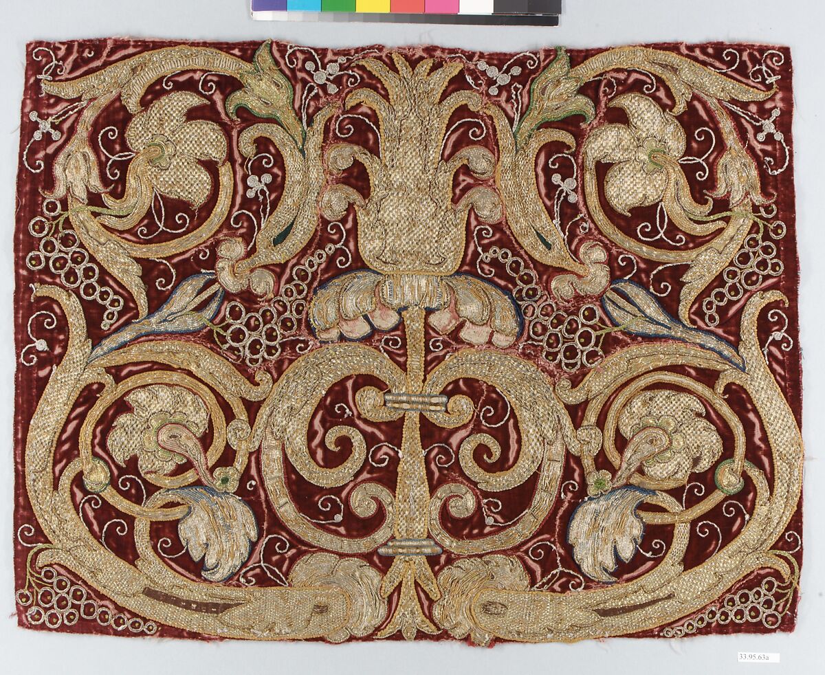 Golden tendrils against a red ground, Silk and metal-wrapped thread on velvet, Italian or Spanish