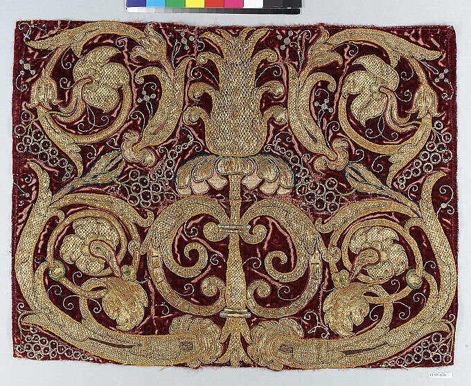 Golden tendrils against a red ground, Silk and metal-wrapped thread on velvet, Italian or Spanish