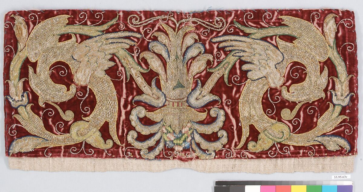 Fantastical birds against a red ground, Silk and metal-wrapped thread on velvet, Italian or Spanish 