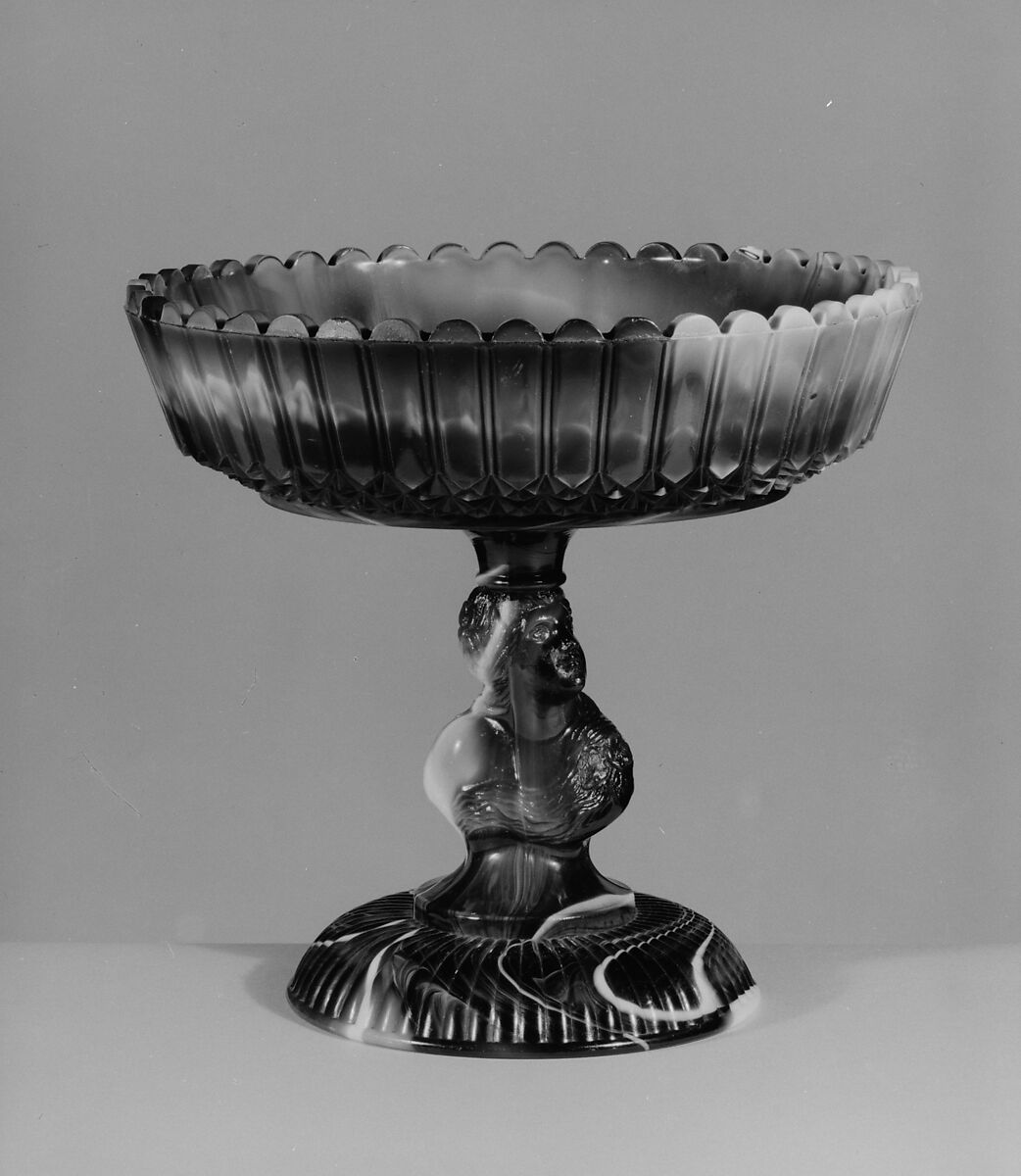 Purple marble glass compote, Challinor, Taylor and Company (1866–1891), Pressed purple marble glass, American 