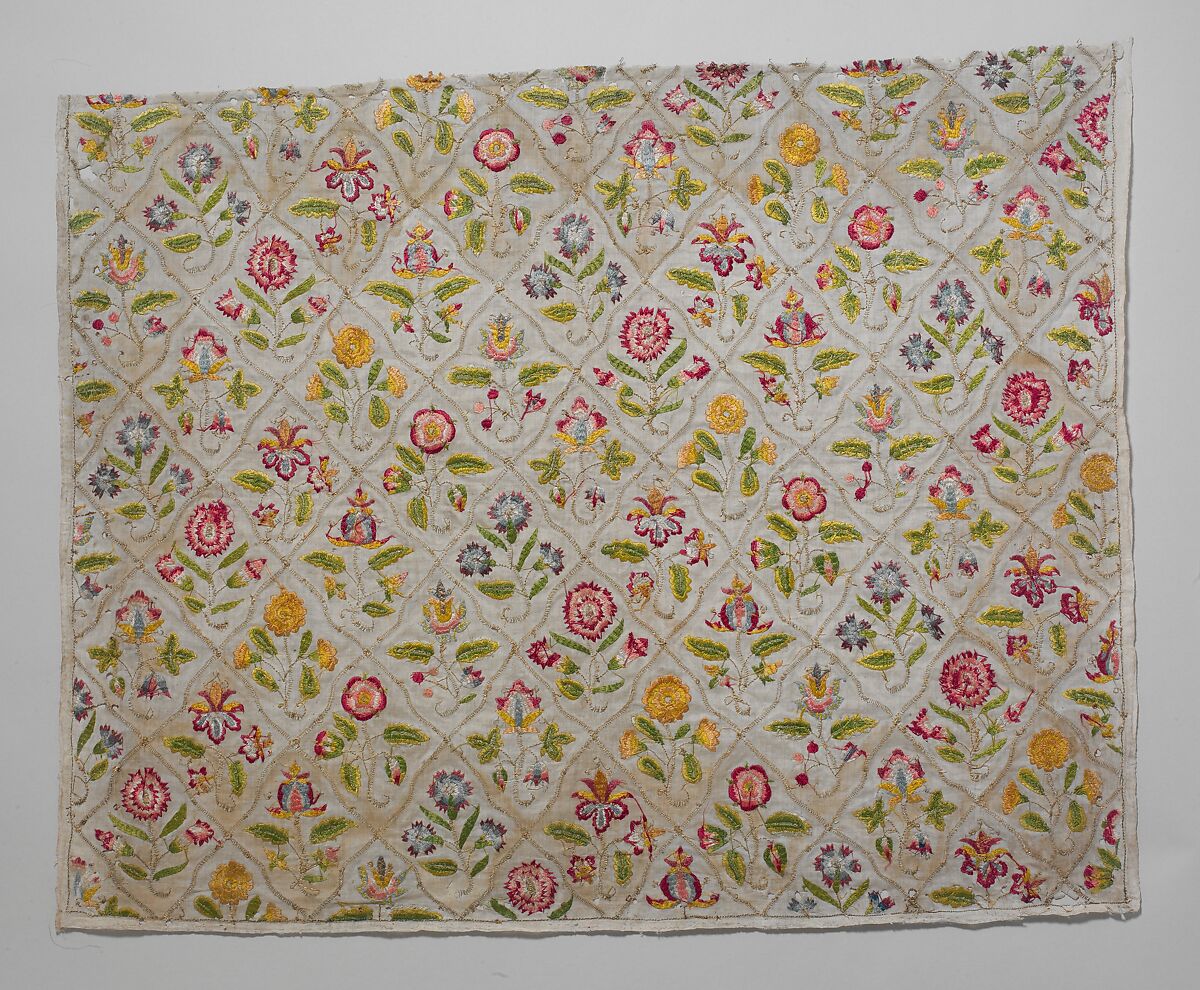 Panel with floral motifs, Linen worked with silk and metal threads; long-and-short, plaited braid, and chain stitches, British