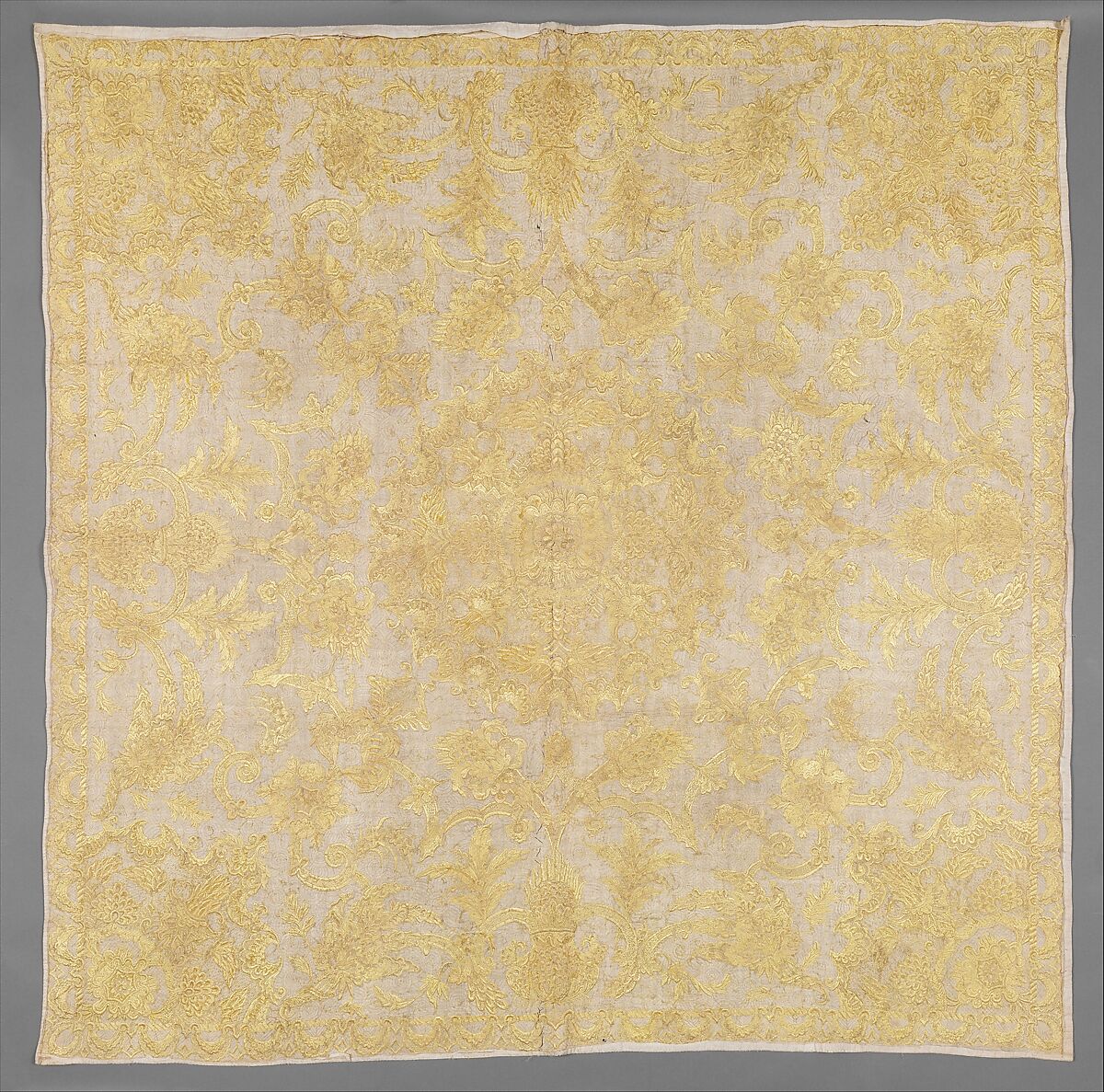 Bedspread, Cotton, embroidered with silk, British