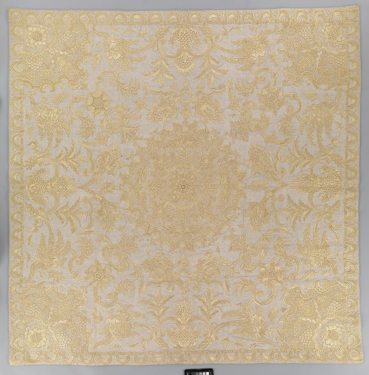 Bedspread, Cotton, embroidered with silk, British 