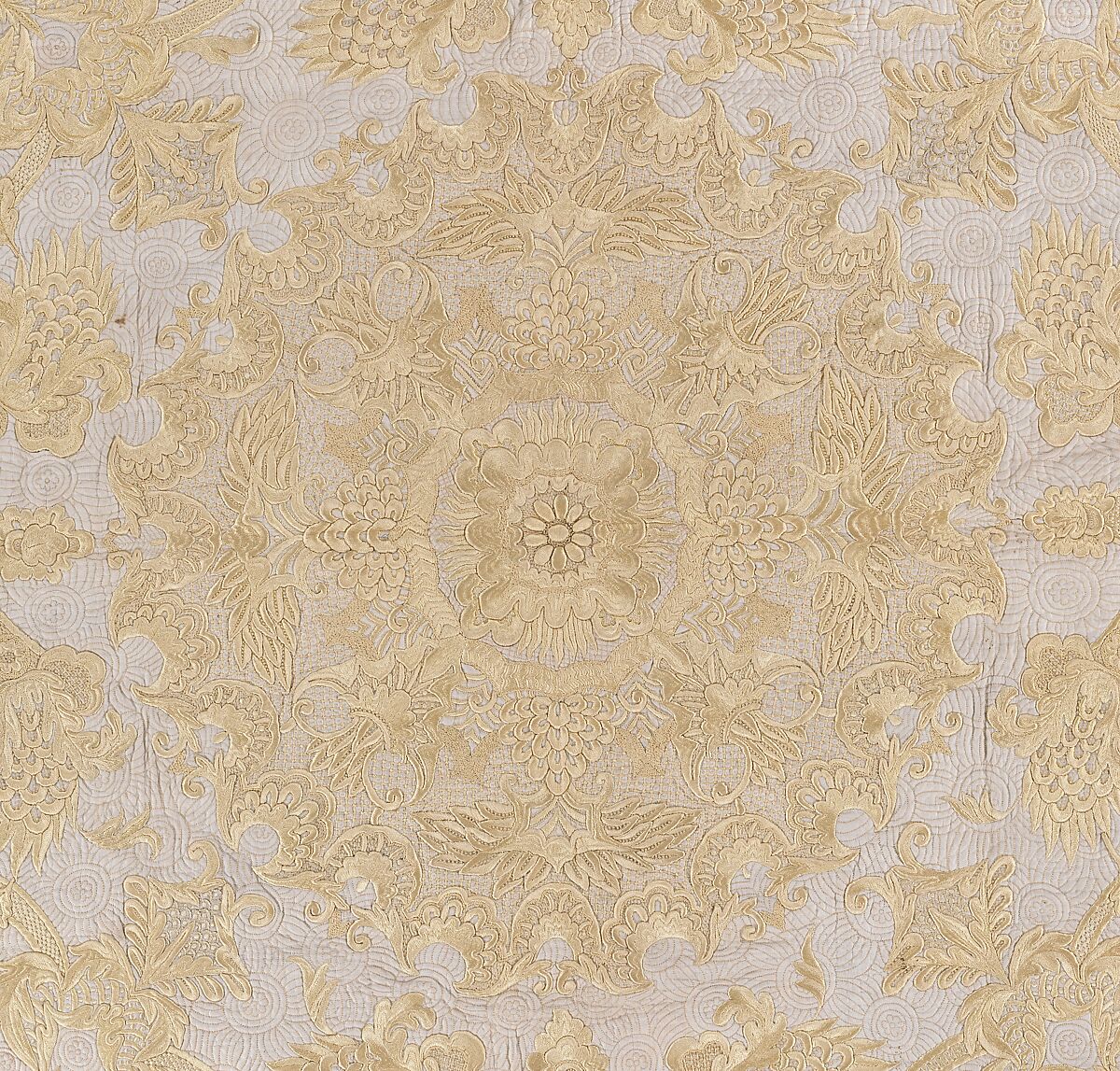 Bedspread, Cotton, embroidered with silk, British