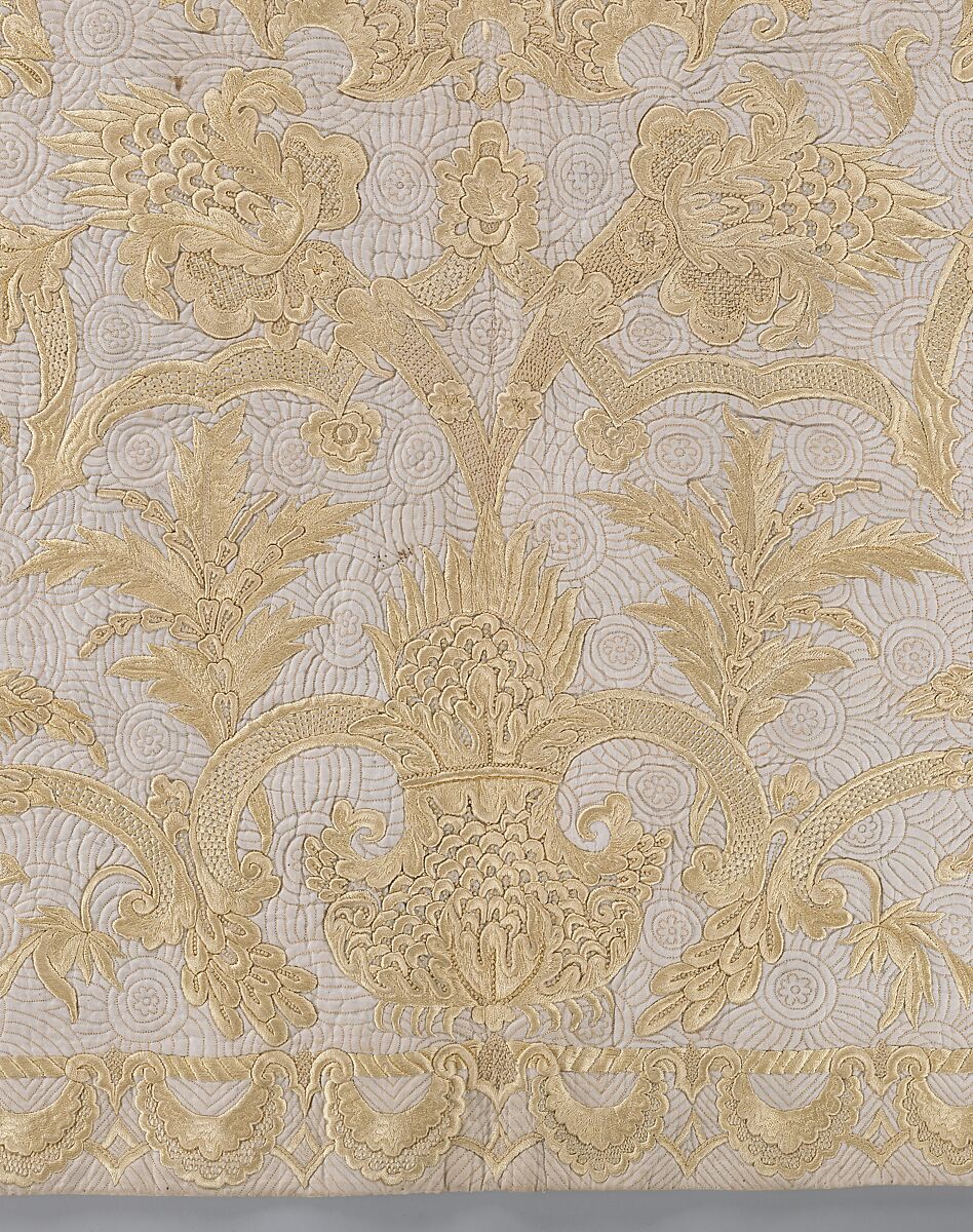 Bedspread, Cotton, embroidered with silk, British
