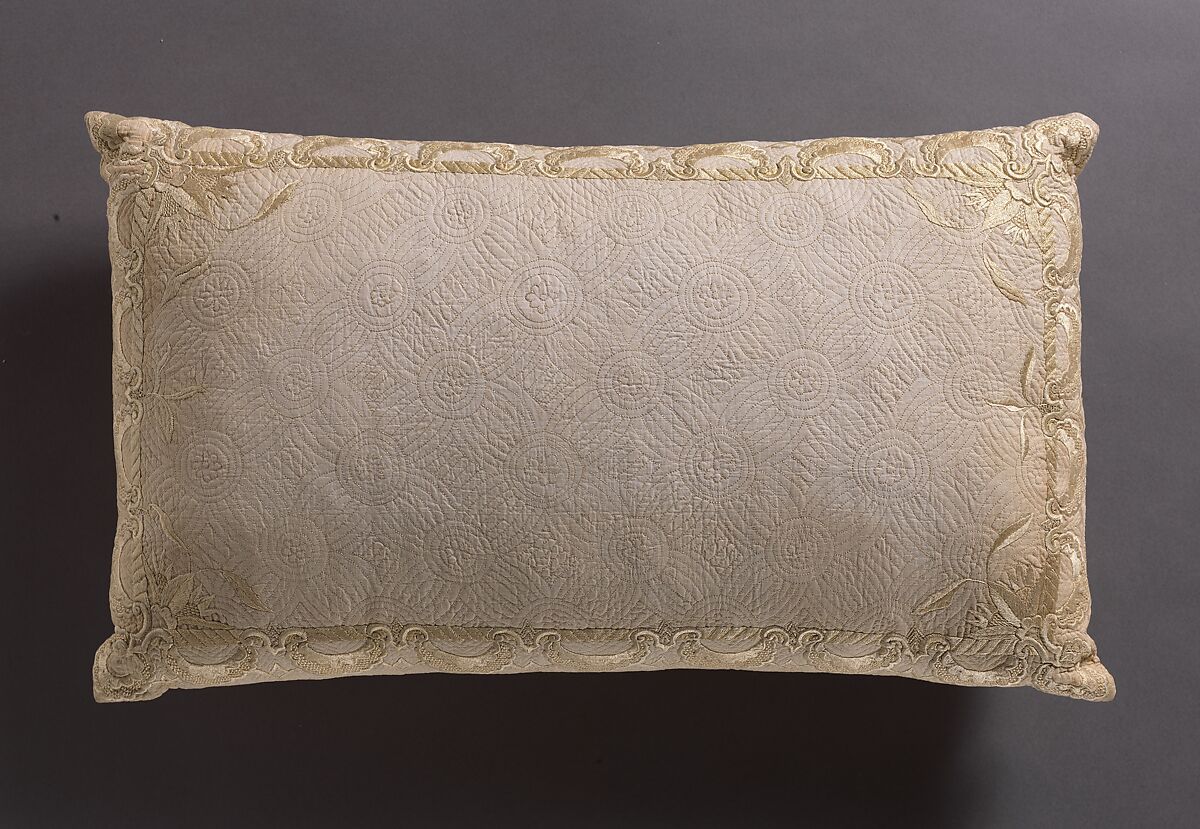 Pillow, Cotton, embroidered with silk, British 