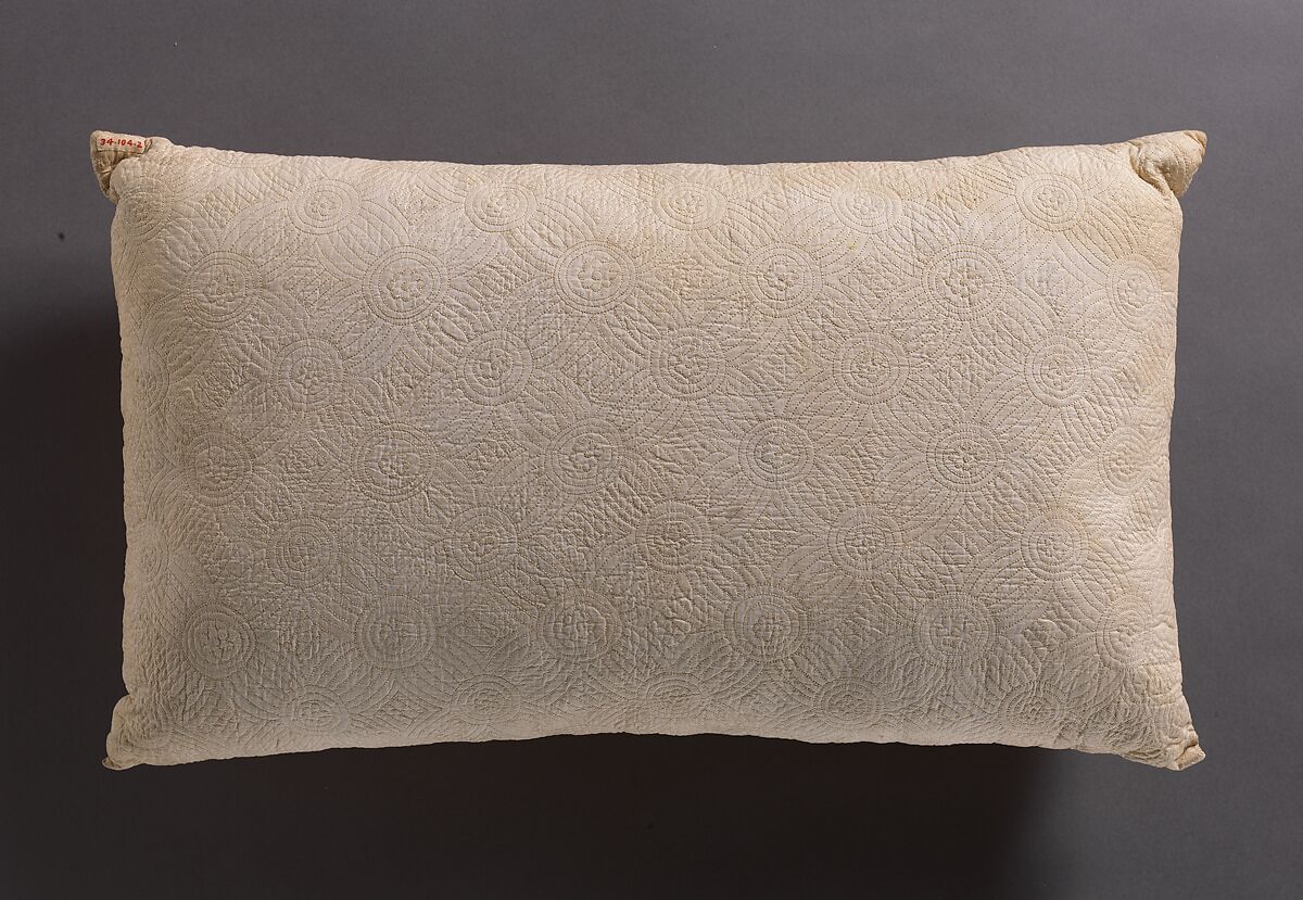 Pillow, Cotton, embroidered with silk, British