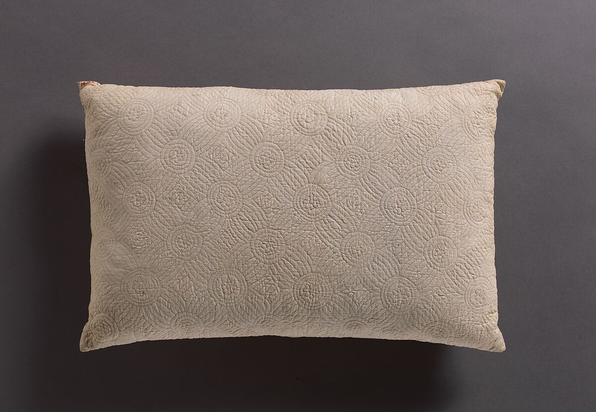 Pillow, Cotton, embroidered with silk, British