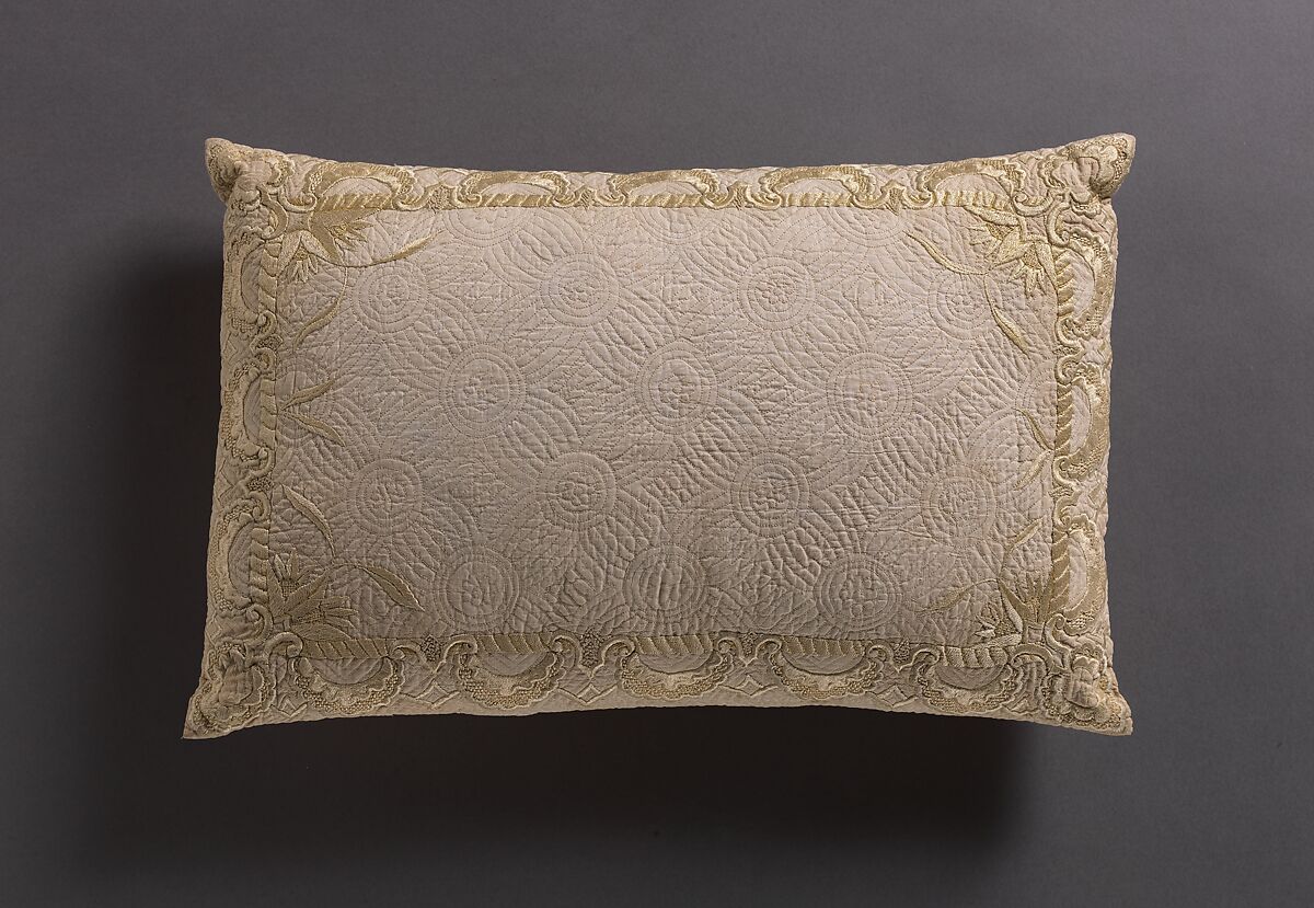 Pillow, Cotton, embroidered with silk, British 