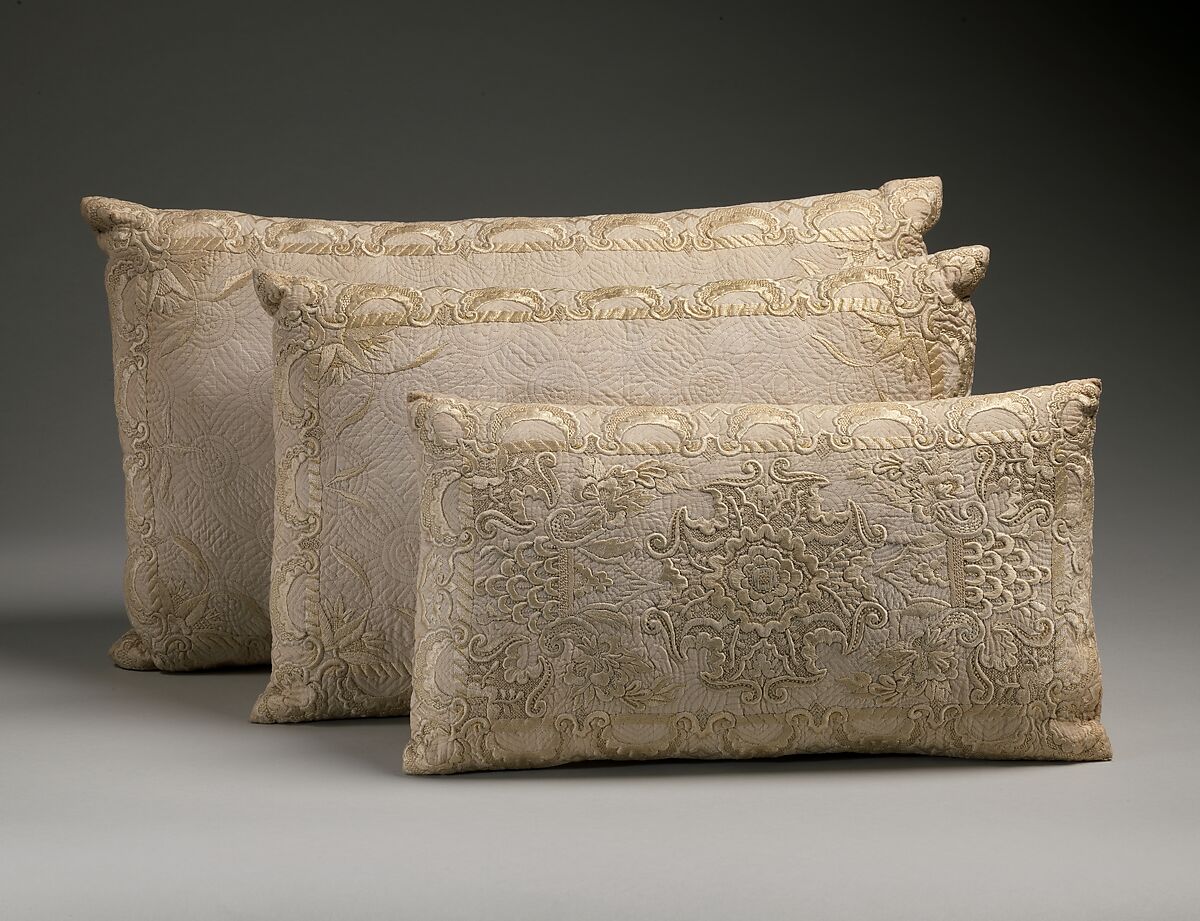 Pillow, Cotton, embroidered with silk, British