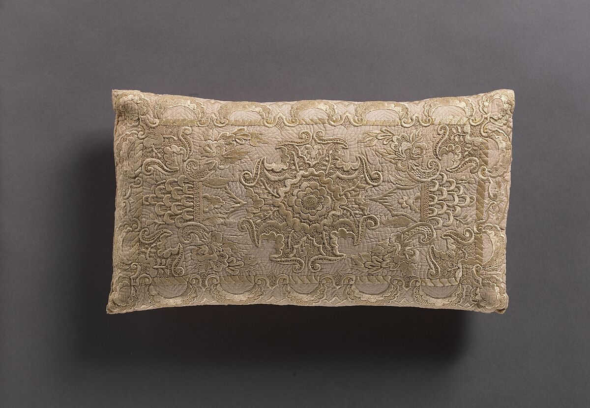 Pillow, Cotton, embroidered with silk, British 