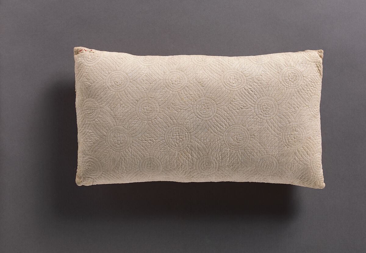 Pillow, Cotton, embroidered with silk, British