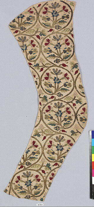 Embroidered sleeve pieces, Silk and metal thread on linen, British 