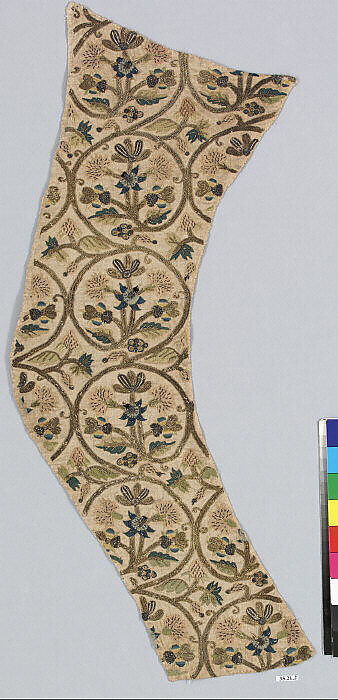 Embroidered sleeve pieces, Silk and metal thread on linen, British