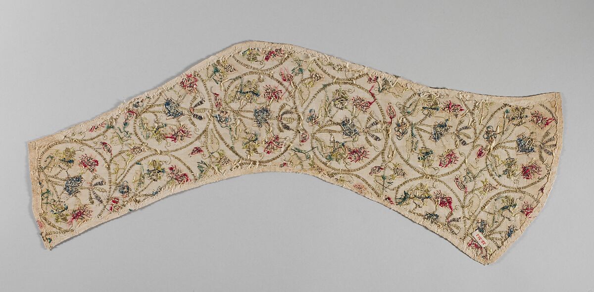Embroidered sleeve pieces, Silk and metal thread on linen, British
