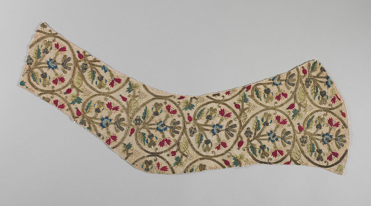 Embroidered sleeve pieces, Silk and metal thread on linen, British