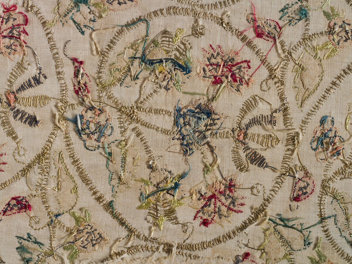 Embroidered sleeve pieces, Silk and metal thread on linen, British