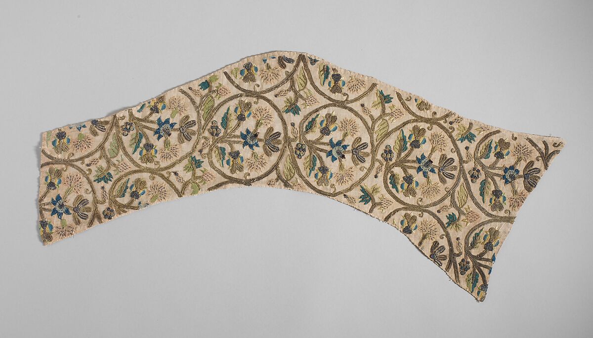 Embroidered sleeve pieces, Silk and metal thread on linen, British
