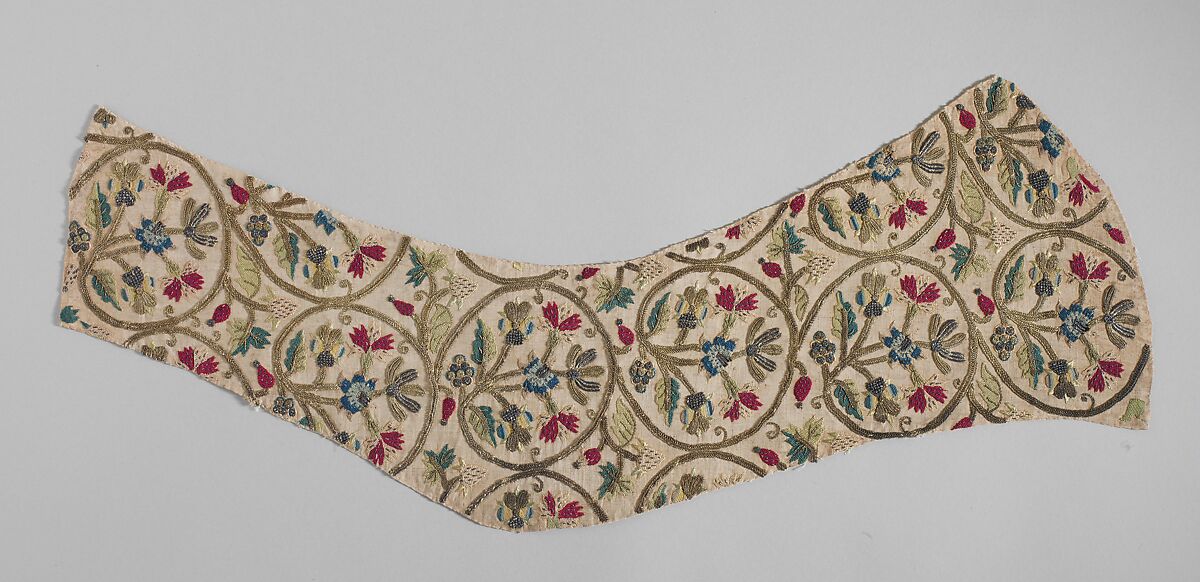 Embroidered sleeve pieces, Silk and metal thread on linen, British