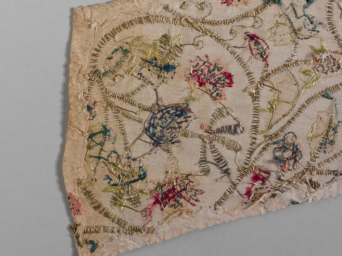 Embroidered sleeve pieces, Silk and metal thread on linen, British
