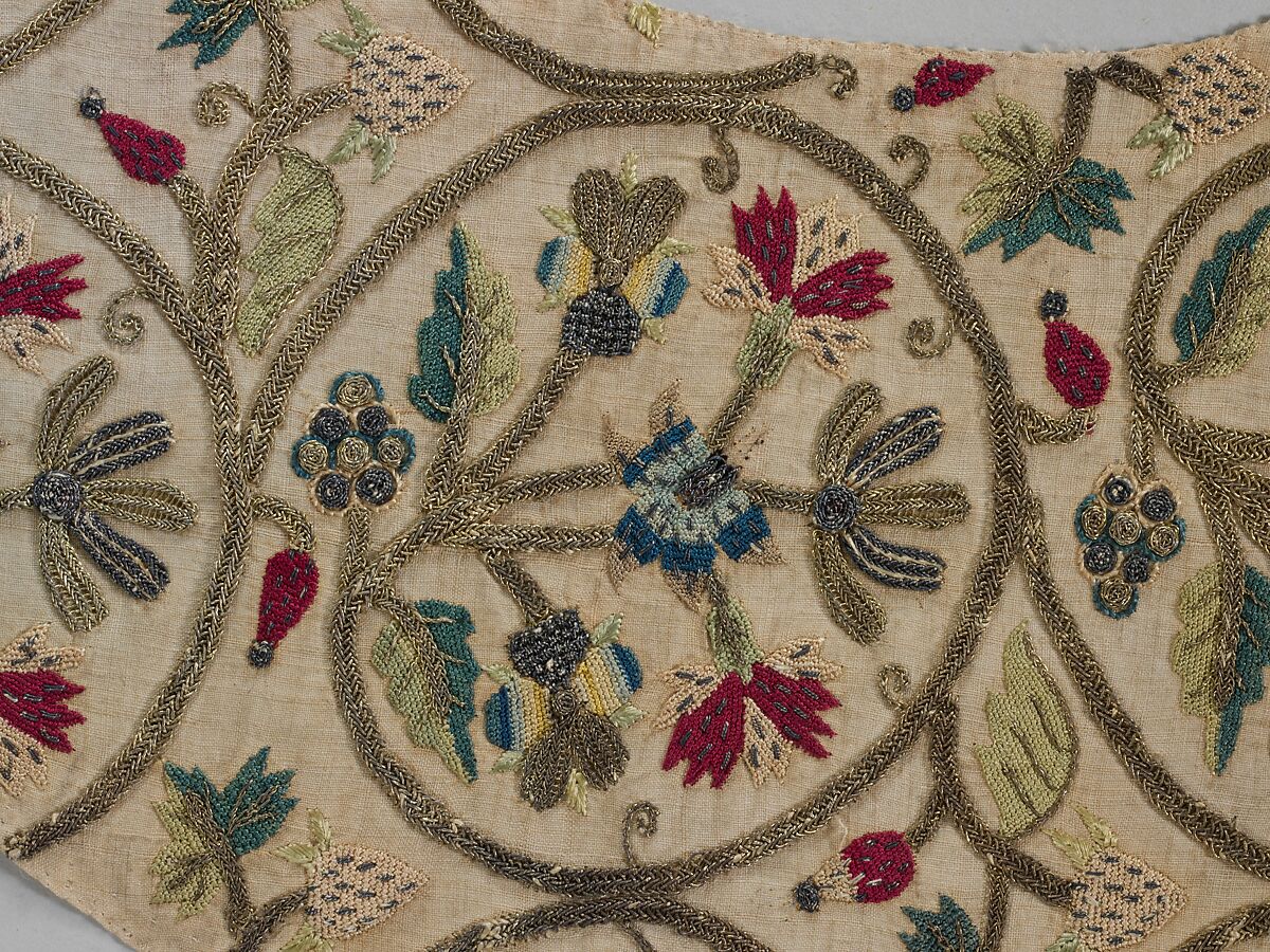 Embroidered sleeve pieces, Silk and metal thread on linen, British