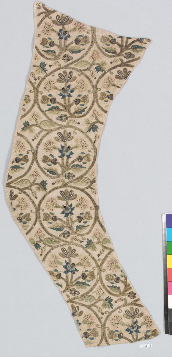 Embroidered sleeve pieces, Silk and metal thread on linen, British