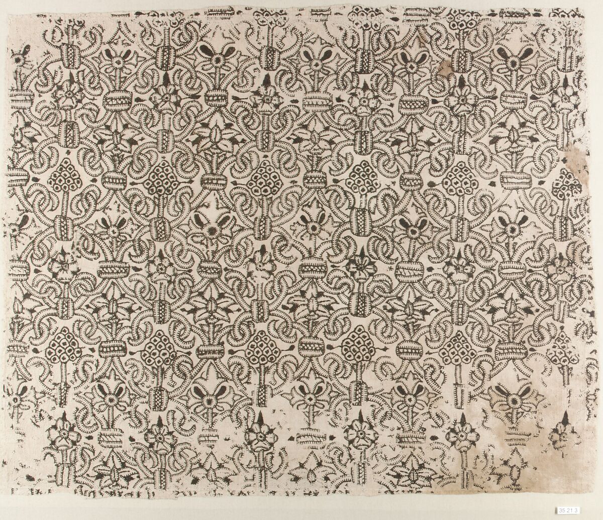 Panel of blackwork, Linen worked with silk thread; buttonhole, cross, outline, and herringbone stitches, British 