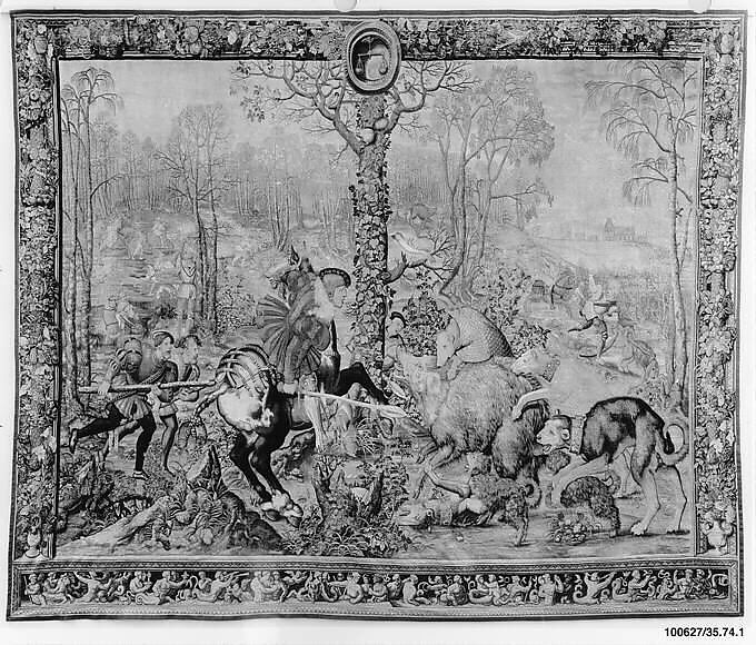 The Final Assault on the Boar, or December from a set of the Hunts of Maximilian, Bernard van Orley (Netherlandish, Brussels ca. 1492–1541/42 Brussels)  , probably, Wool, silk (19-21 warps per inch, 8-9 per cm.), French, Paris 