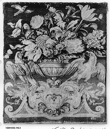 Flowers in a golden vase, with three birds