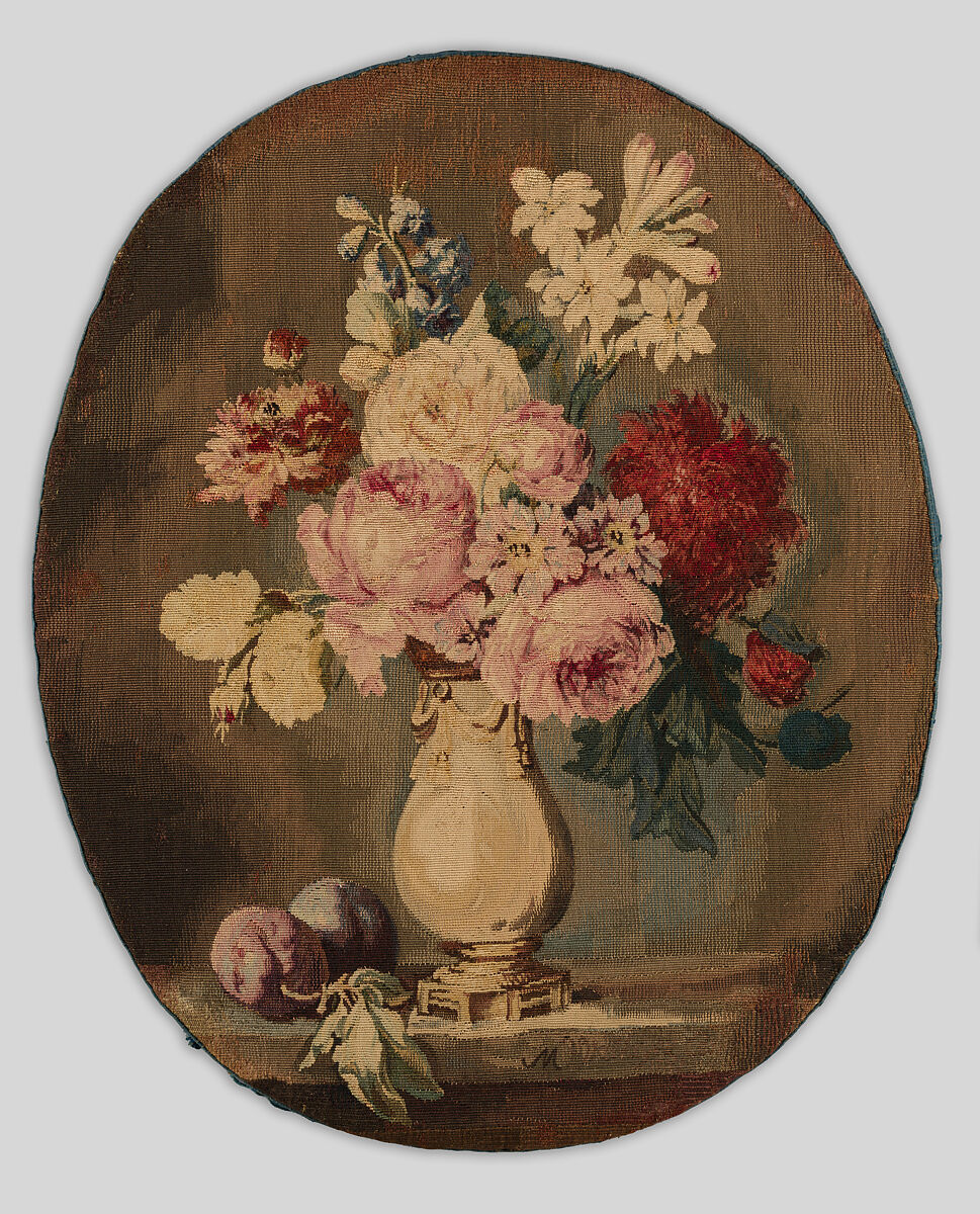 Flowers in a Vase and Two Plums, Anne Vallayer-Coster (French, Paris 1744–1818 Paris), Wool, silk (25 warps per inch, 10 per cm.), French, Paris 
